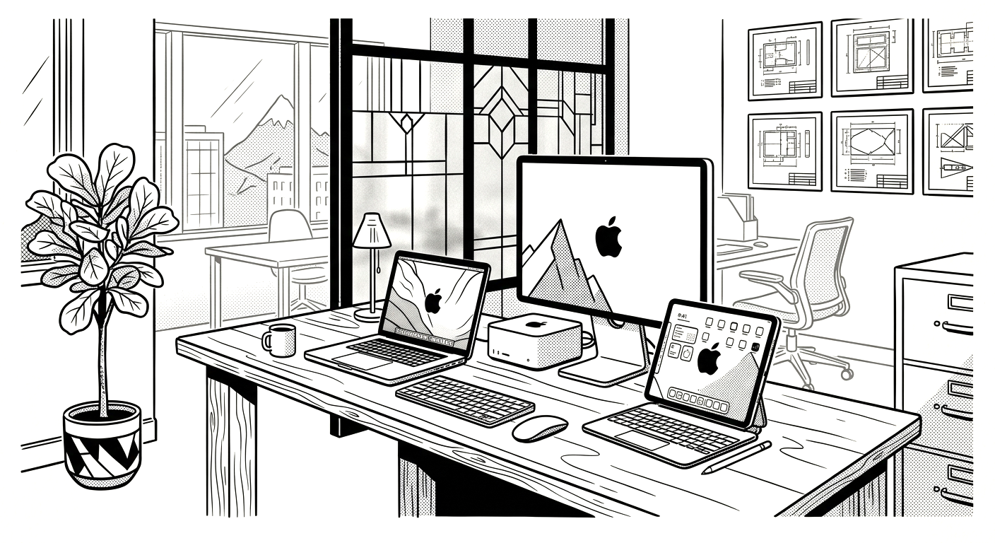 Illustrazione di una postazione di lavoro con Mac, MacBook, Mac mini e iPad in uno studio a Milano